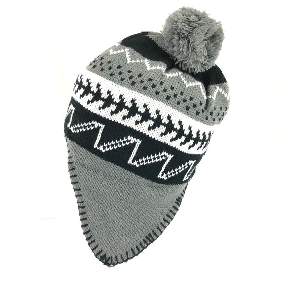 Polar Wear Kids Beanie Hat Ear Flaps Fleece Lined Striped Knit Pom Gray Black OS - Picture 3 of 6